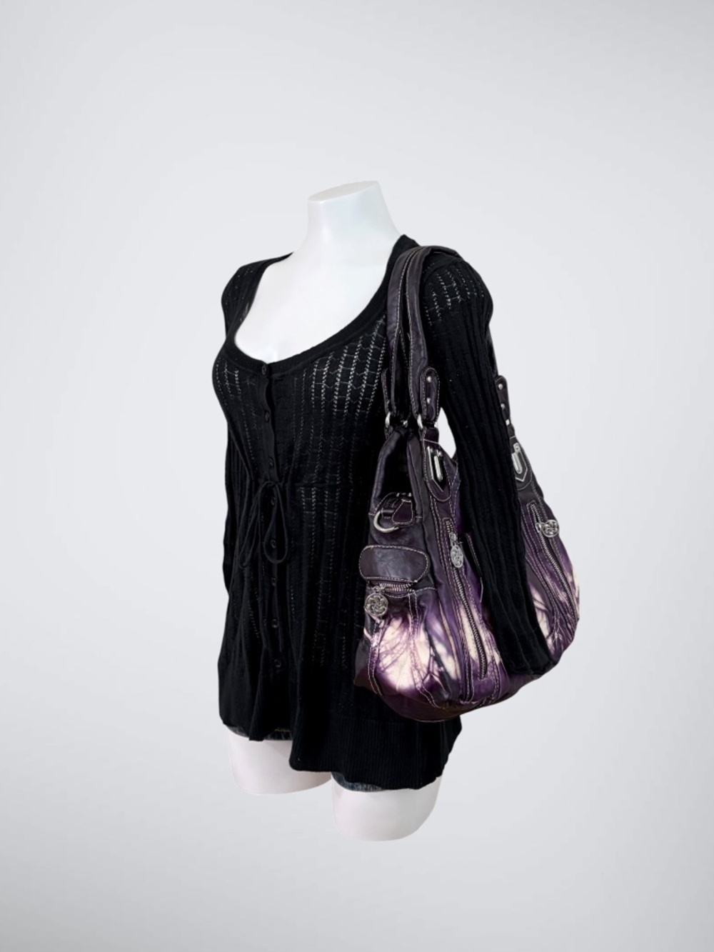 Vtg DKNY JEANS Black Pointelle Knit Babydoll Cardigan Top Y2K - Picture 2 of 7